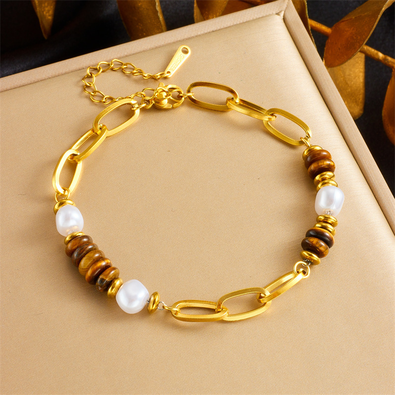 European and American cross-border oval tiger eye Maillard style woven beaded heart gemstone pendant chain splicing bracelet