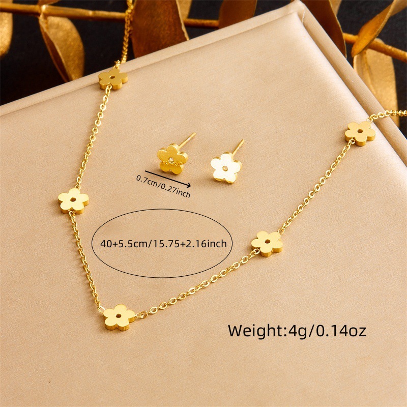 Korean style, simple, fashionable, versatile, glossy gold-plated stainless steel flower accessory chain necklace, earrings, and bracelet set.