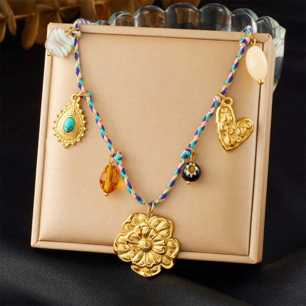 Cross-border fashion bohemian retro style colorful rope braided chain gold-plated stainless steel multi-element pendant set