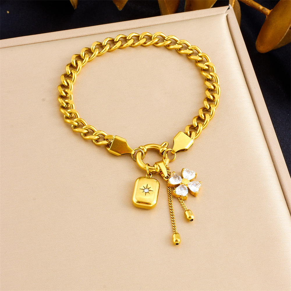 New cross-border fashion sweet and cool rhinestone-encrusted flower star square pendant tassel chain stainless steel jewelry set