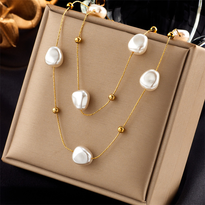 European and American style niche design retro high-end chain tassel stainless steel pearl beaded oil drop pendant necklace