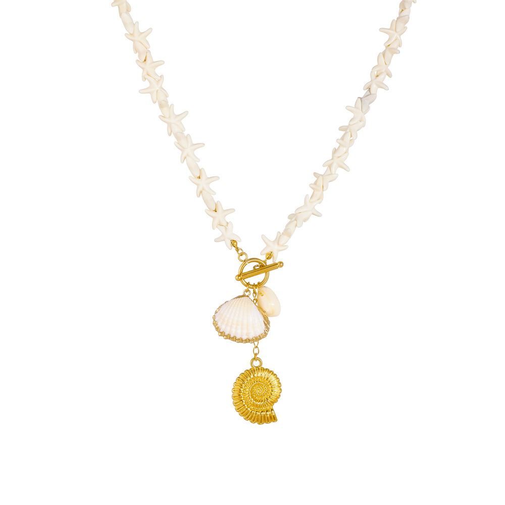 New European and American cross-border Bohemian style irregular OT buckle starfish beaded chain gold-plated seashell pendant necklace