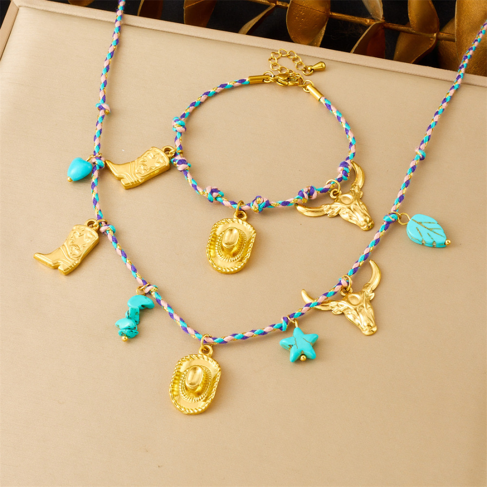Cross-border fashion bohemian retro style colorful rope braided chain gold-plated stainless steel multi-element pendant set