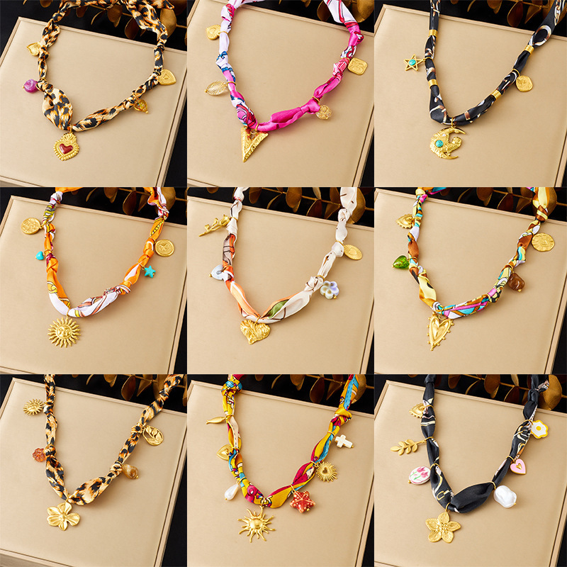 Cross-border popular elegant and versatile printed silk scarf, sexy leopard print, colorful flower drip heart sun pendant necklace