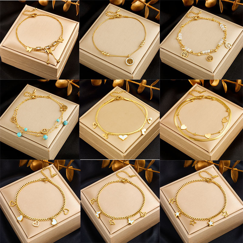 Cross-border fashion heart-shaped white shell tree of life butterfly pendant stackable chain stainless steel jewelry for women's anklet