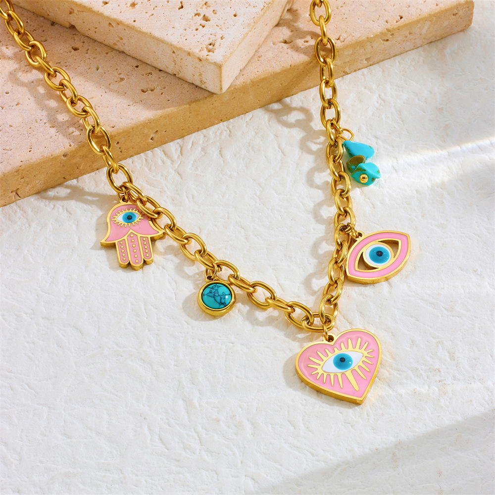 Cross-border fashion personalized oil-drop pink heart eyes blue turquoise pendant stainless steel necklace earrings bracelet set