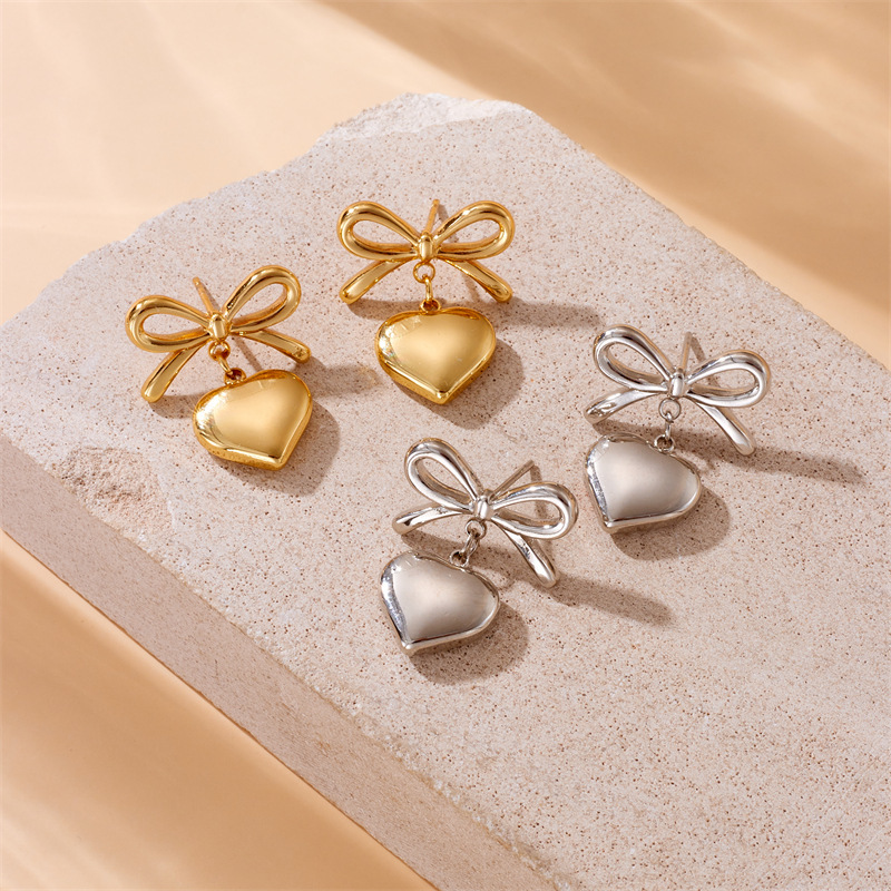 Korean-style trendy niche design gold-plated stainless steel bow heart pendant dangling earrings