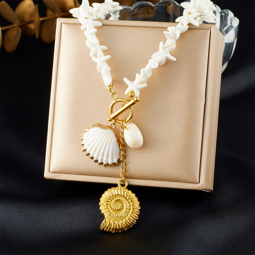 New European and American cross-border Bohemian style irregular OT buckle starfish beaded chain gold-plated seashell pendant necklace