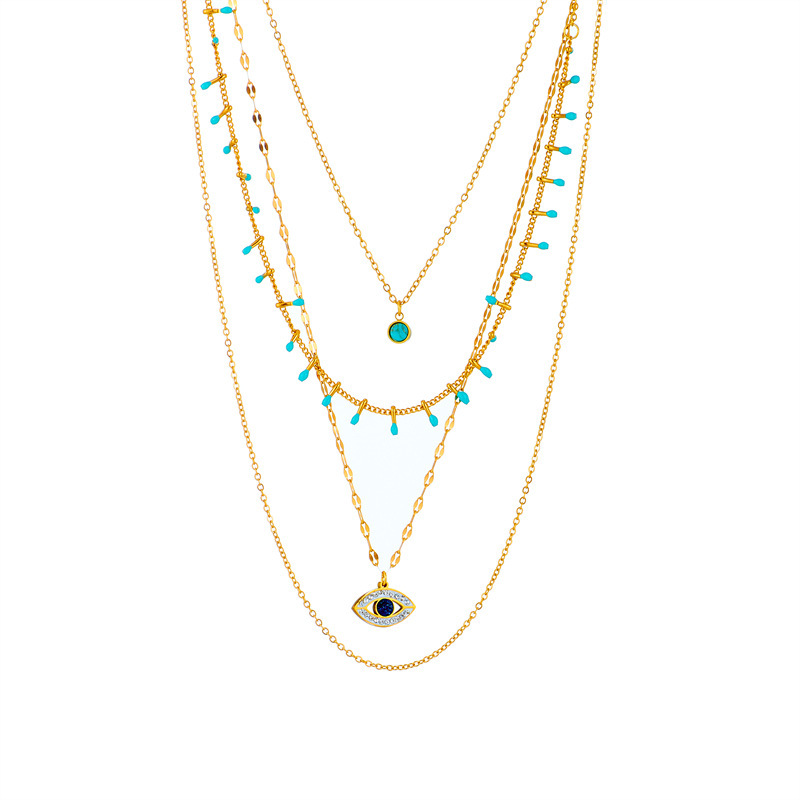 European and American cross-border fashion small multi-layer chain irregular diamond eye turquoise pendant titanium steel retro necklace