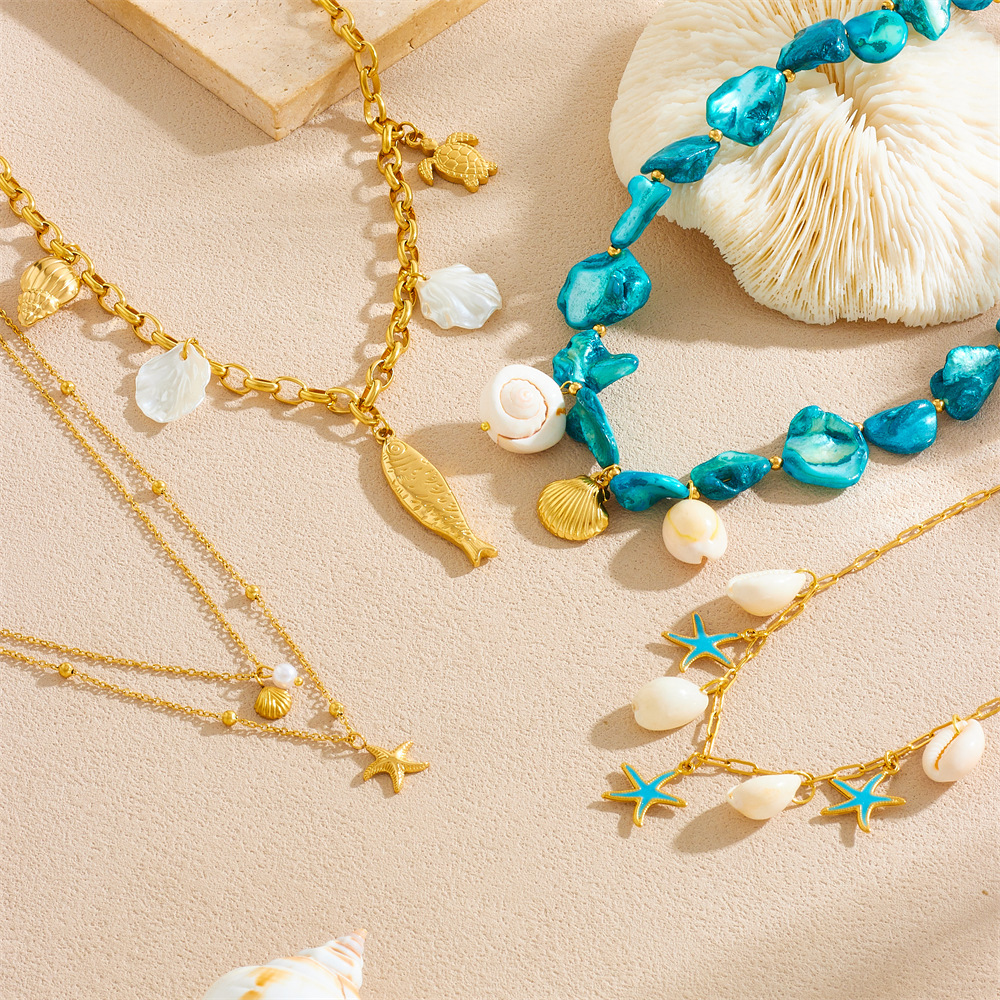 Cross-border fashion beach vacation style seashell starfish sun cherry heart multi-element stainless steel necklace