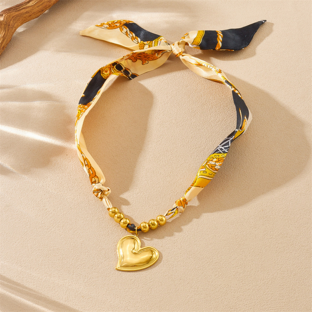 European and American style retro printed colorful ribbon cord gold-plated stainless steel heart cross bird necklace