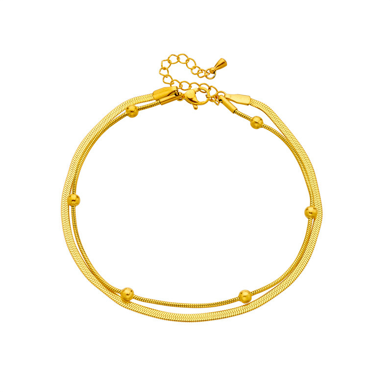 Cross-border fashion, simple and versatile, layered double-layer chain, round beaded accessories, stainless steel gold-plated anklet