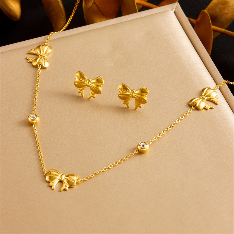 Japanese and Korean style minimalist gold-plated retro round diamond bow accessory chain stainless steel bracelet earring necklace jewelry set