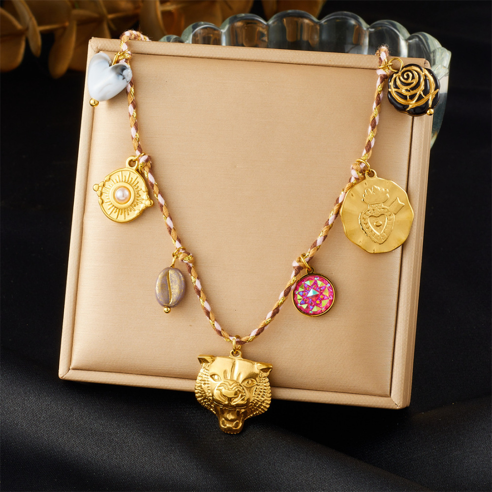 Cross-border fashion bohemian retro style colorful rope braided chain gold-plated stainless steel multi-element pendant set