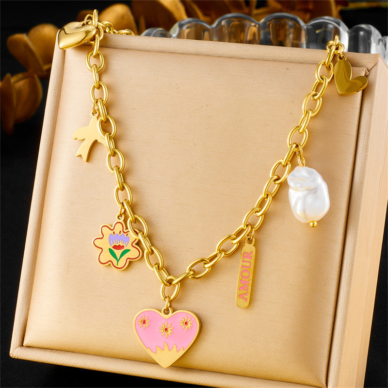 Korean style fashionable cartoon cute painted heart flower bird pearl pendant chain stainless steel necklace