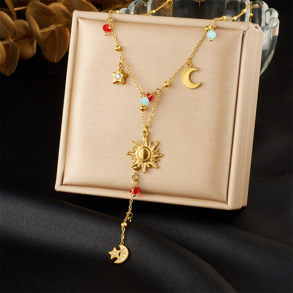 Korean style fashionable colored glass rhinestone geometric pendant with dripping strawberry fruit design, gold-plated stainless steel Y-shaped necklace.