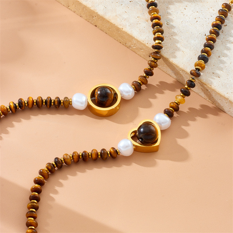 European and American cross-border oval tiger eye Maillard style woven beaded heart gemstone pendant chain splicing bracelet