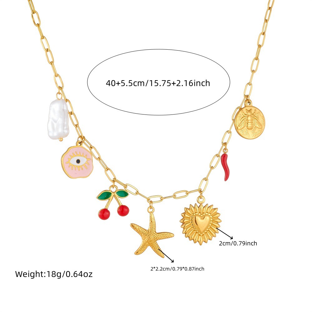 Cross-border fashion beach vacation style seashell starfish sun cherry heart multi-element stainless steel necklace