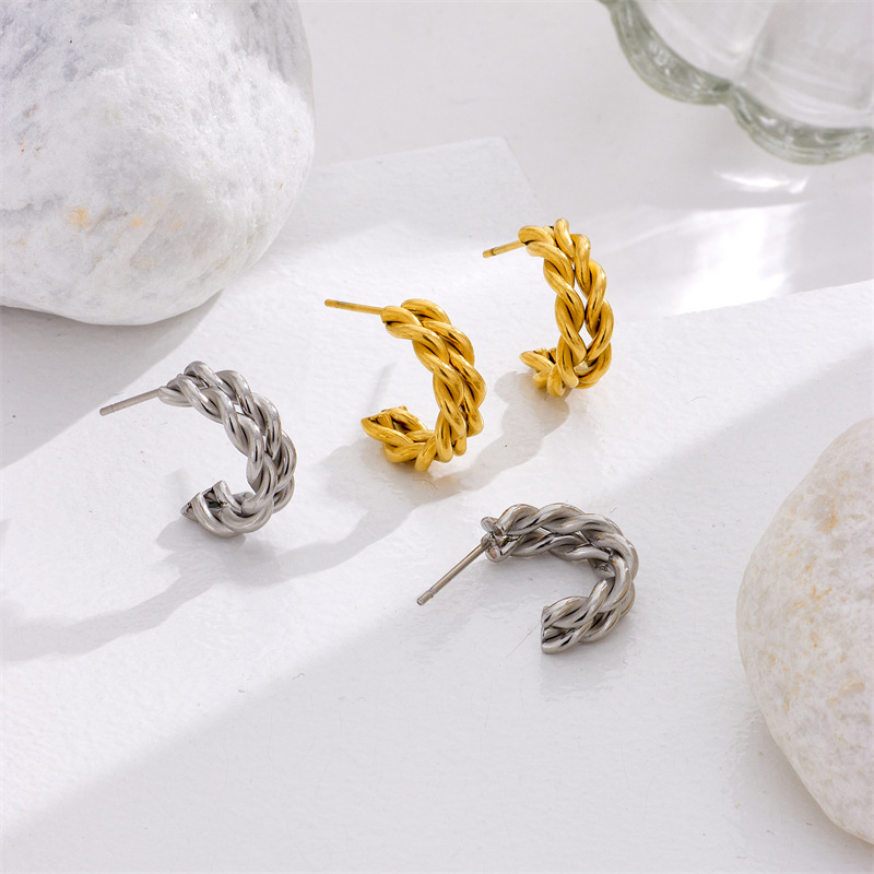 Stylish, versatile, and sophisticated minimalist woven cable knit gold-plated stainless steel earrings