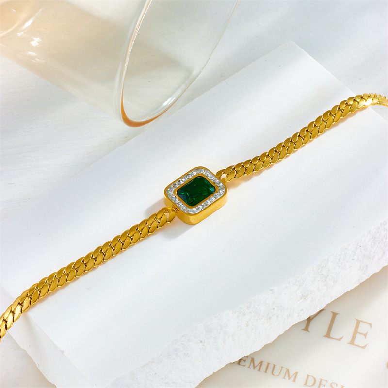 European and American style niche minimalist individual high-end retro green square diamond gemstone twisted titanium steel bracelet