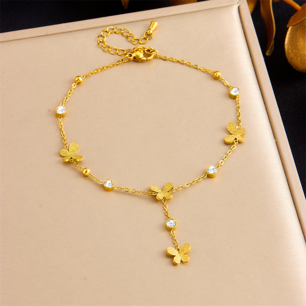 Cross-border fashion minimalist style dangling tassel stainless steel rhinestone-encrusted heart butterfly flower accessory gold-plated anklet