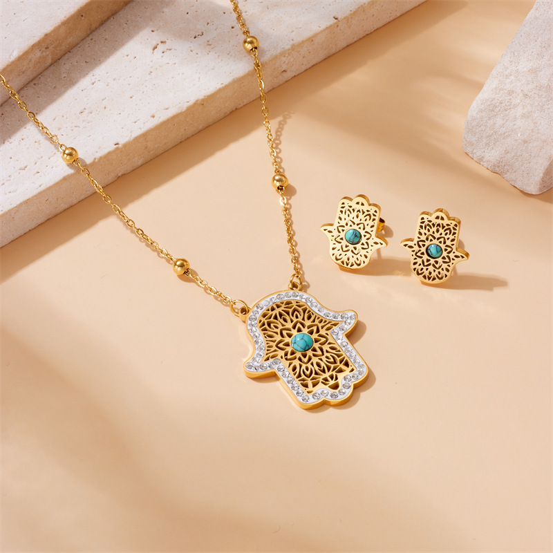 European and American cross-border fashion retro inlaid turquoise openwork palm accessory chain stainless steel necklace earrings