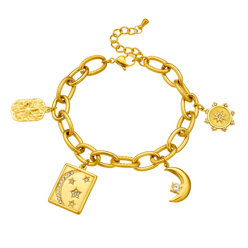 Fashionable cross-border gold-plated stainless steel chunky chain geometric square diamond-encrusted star, moon, and star pendant bracelet