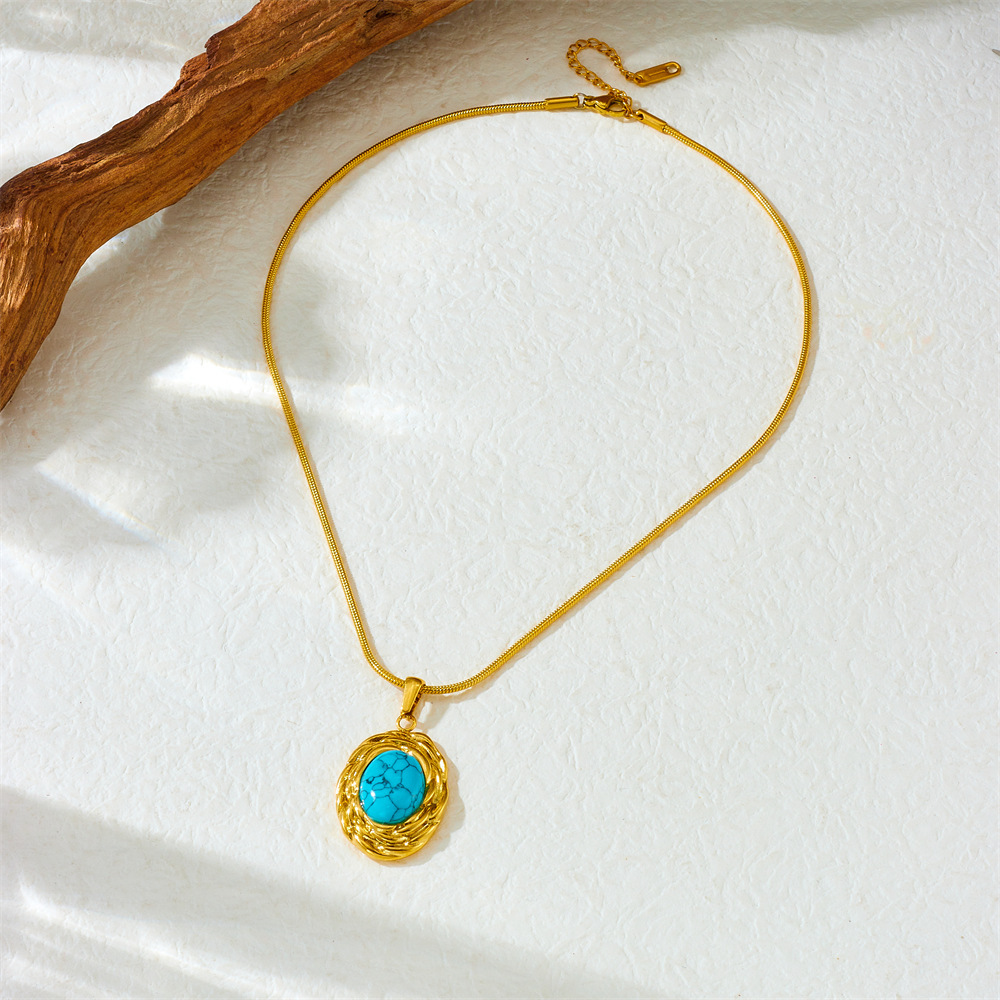 European and American cross-border retro high-end oval blue turquoise geometric pendant snake bone chain stainless steel gold-plated necklace