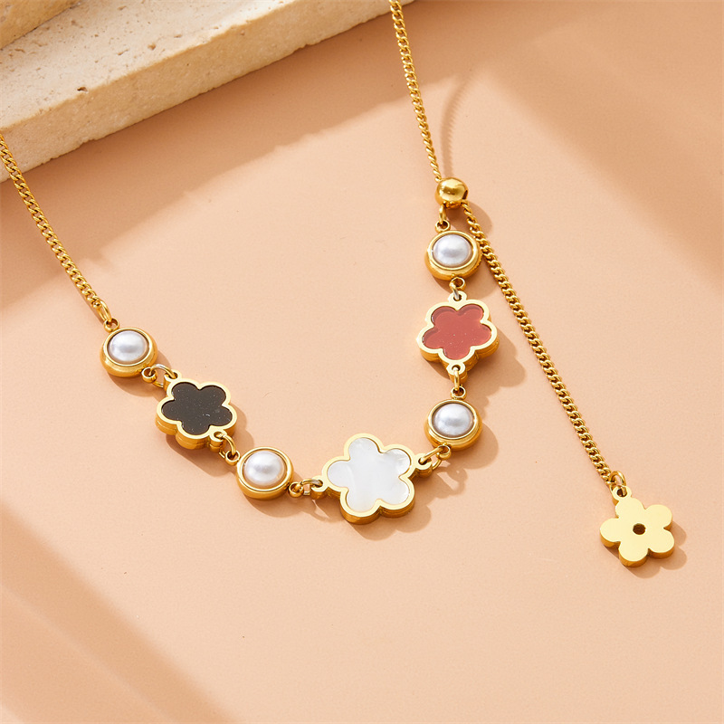 European and American cross-border fashion white shell five-petal flower accessory pendant long tassel chain stainless steel gold-plated jewelry necklace