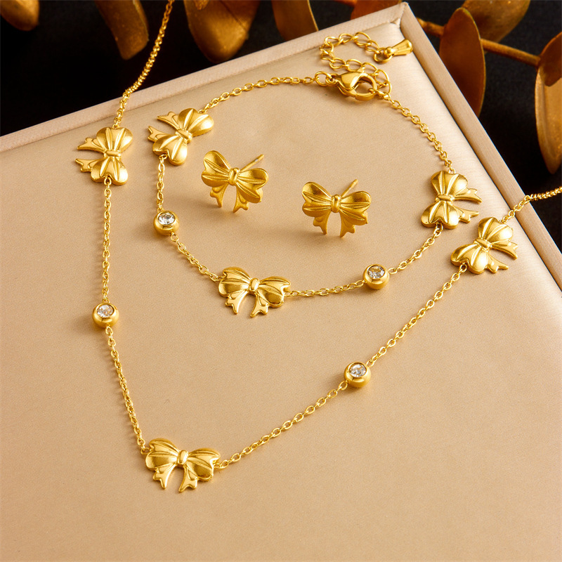 Japanese and Korean style minimalist gold-plated retro round diamond bow accessory chain stainless steel bracelet earring necklace jewelry set