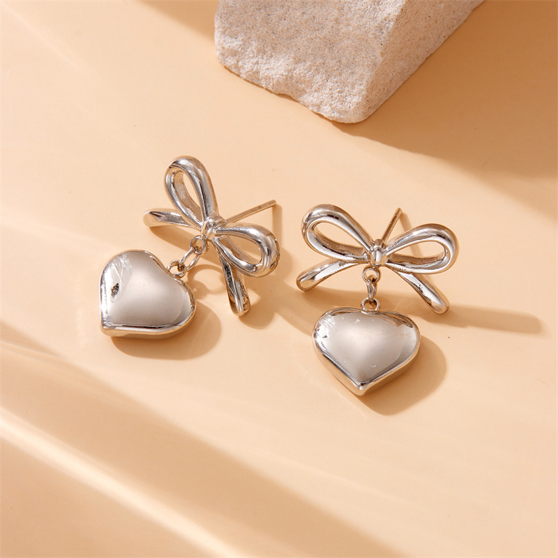 Korean-style trendy niche design gold-plated stainless steel bow heart pendant dangling earrings
