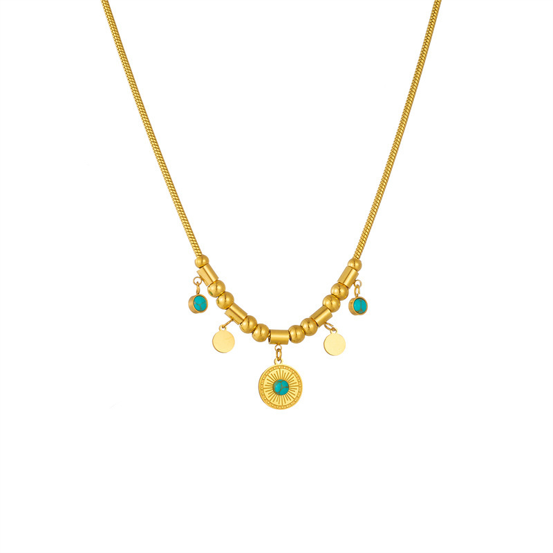 High-end European and American style, niche design, titanium steel metal turquoise round pendant jewelry, simple and elegant necklace.