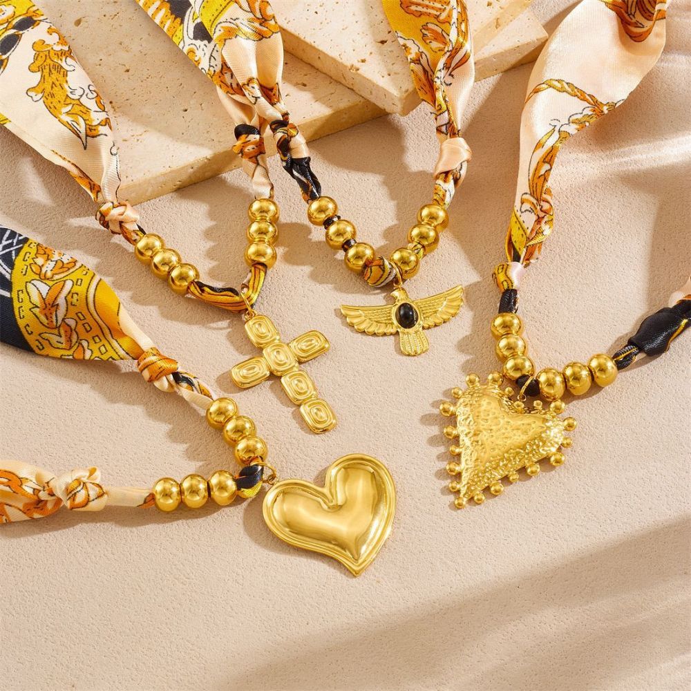 European and American style retro printed colorful ribbon cord gold-plated stainless steel heart cross bird necklace