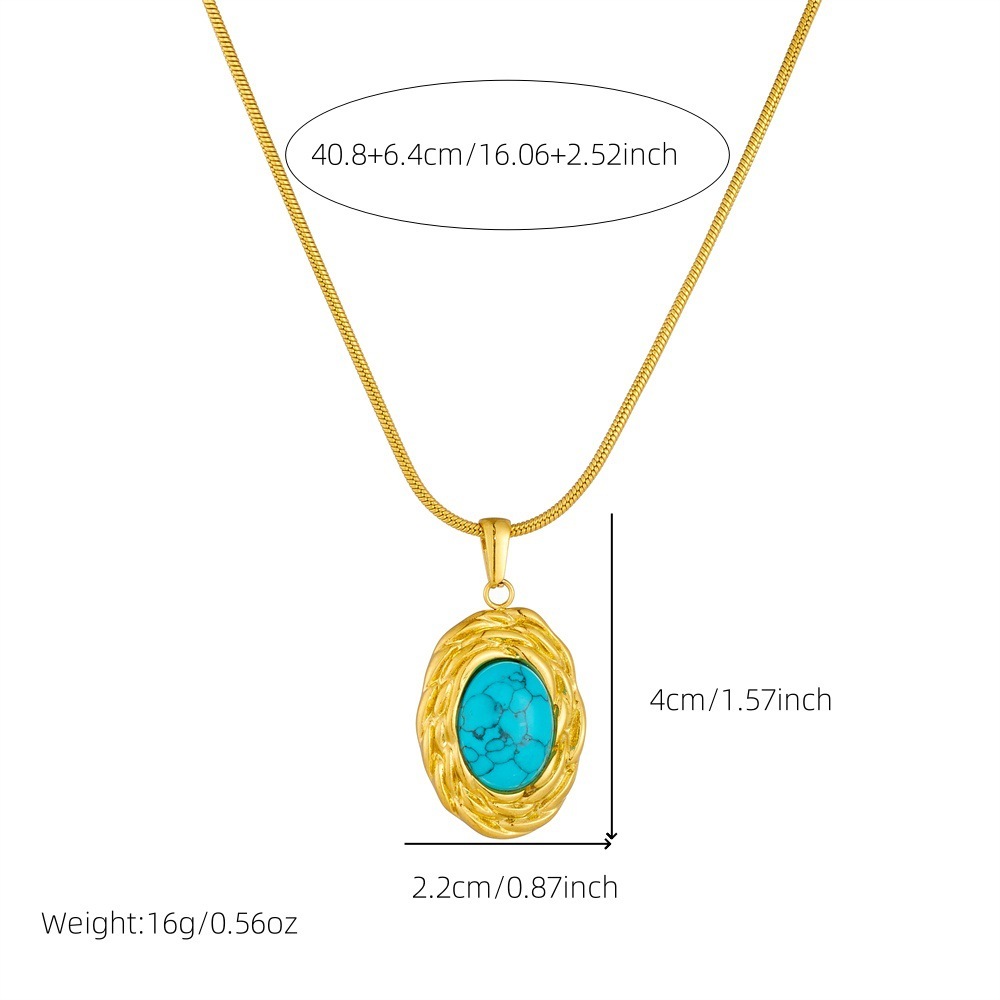 European and American cross-border retro high-end oval blue turquoise geometric pendant snake bone chain stainless steel gold-plated necklace