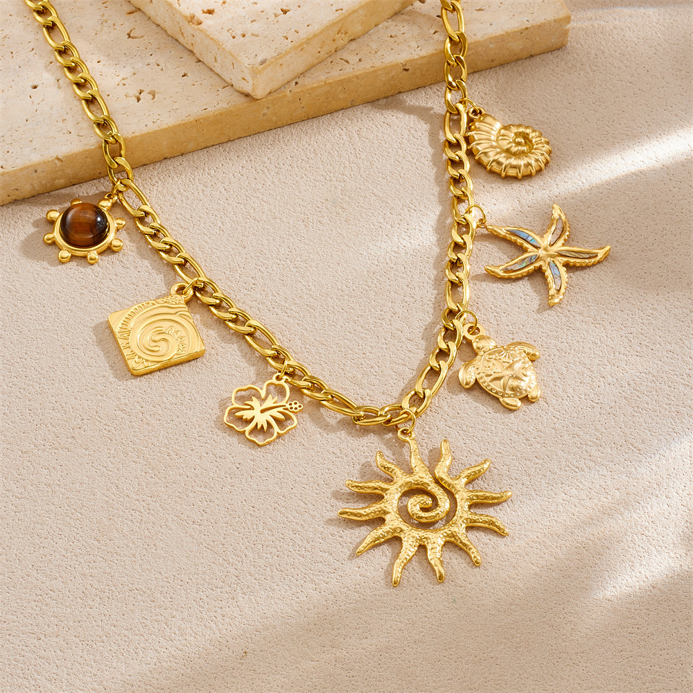 European and American chic style, high-end and luxurious tiger's eye stone sun and moon hollowed-out flower starfish turtle pendant necklace
