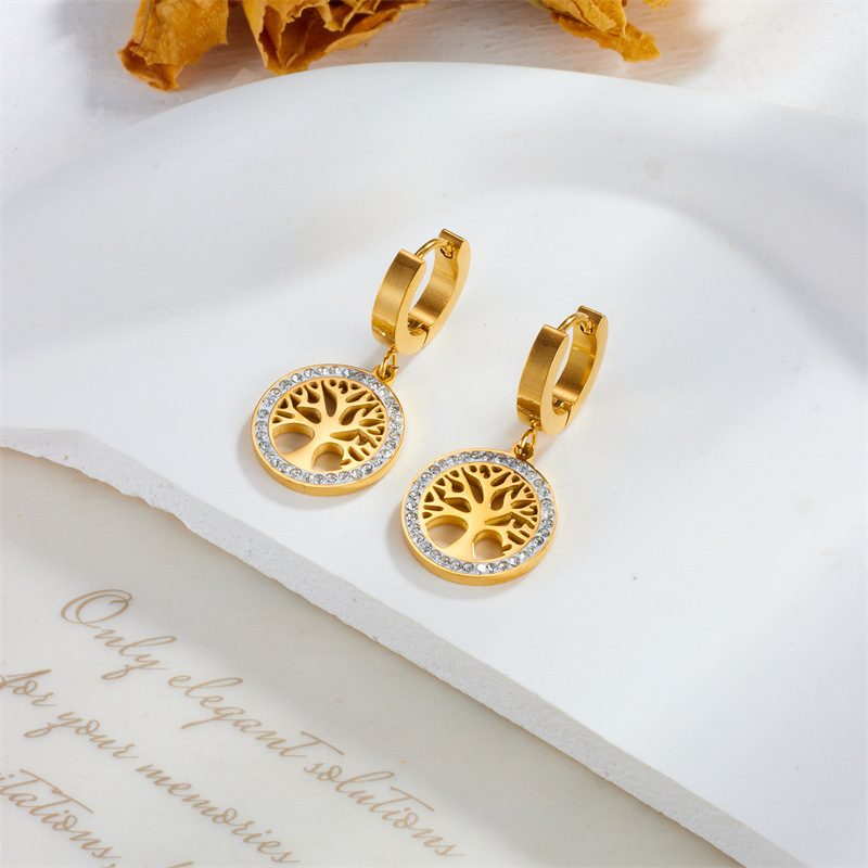European and American style, light luxury, high-end round diamond-encrusted Tree of Life earrings, simple and retro style.