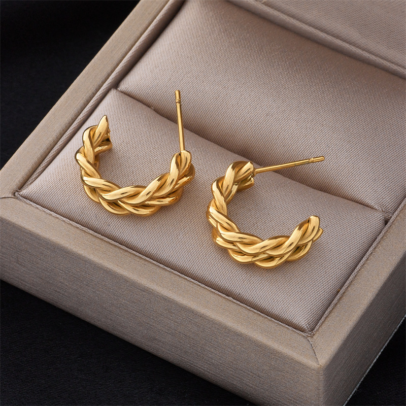 Stylish, versatile, and sophisticated minimalist woven cable knit gold-plated stainless steel earrings