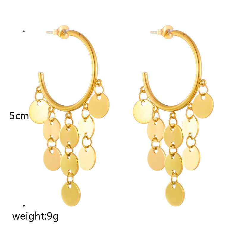 Niche fashion retro high-end luxury gold round tassel pendant titanium steel earrings