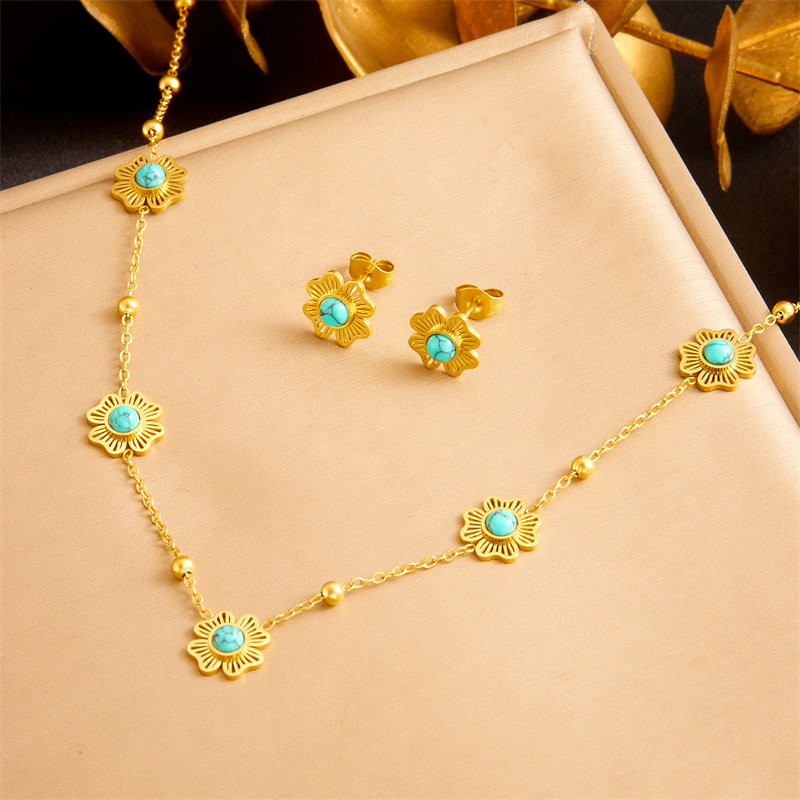 Cross-border fashion niche retro blue turquoise accessories flower gold-plated chain stainless steel necklace earring bracelet set