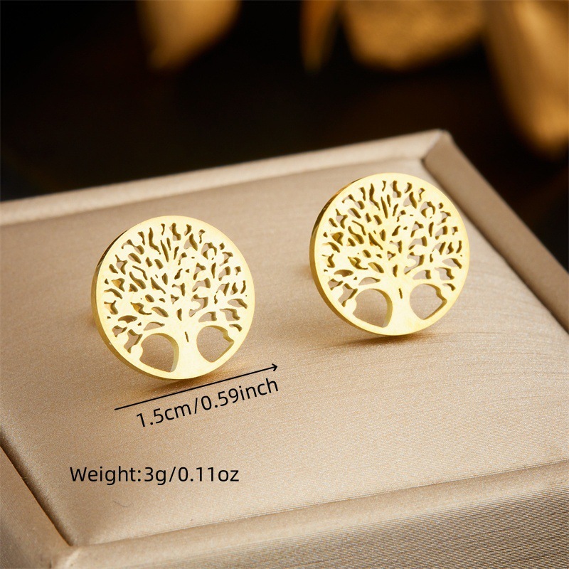 European and American fashion niche design round hollow tree of life pendant accessories stainless steel stud earrings and necklace set