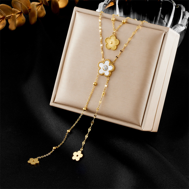 European and American style retro double-layered flower butterfly turquoise tree of life pendant chain tassel necklace