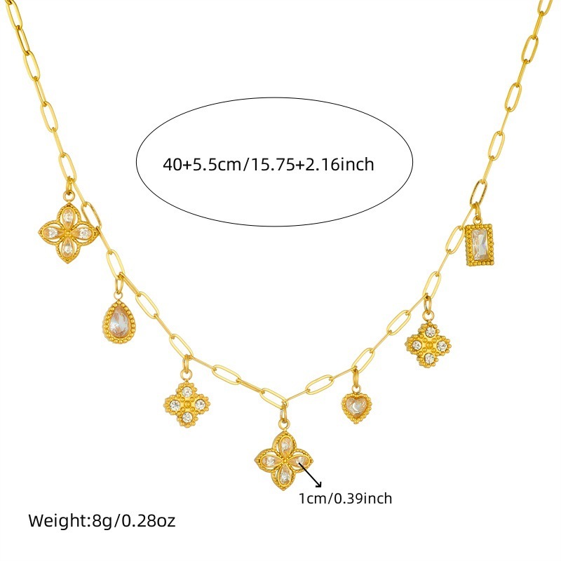 French retro-chic, light luxury, high-end diamond-encrusted teardrop-shaped four-petal flower pendant chain stainless steel clavicle necklace