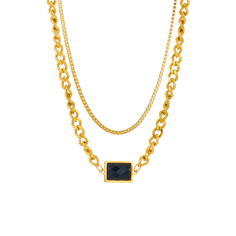 European and American cross-border high-end retro light luxury minimalist rectangular black diamond double-layer titanium steel non-fading chain necklace