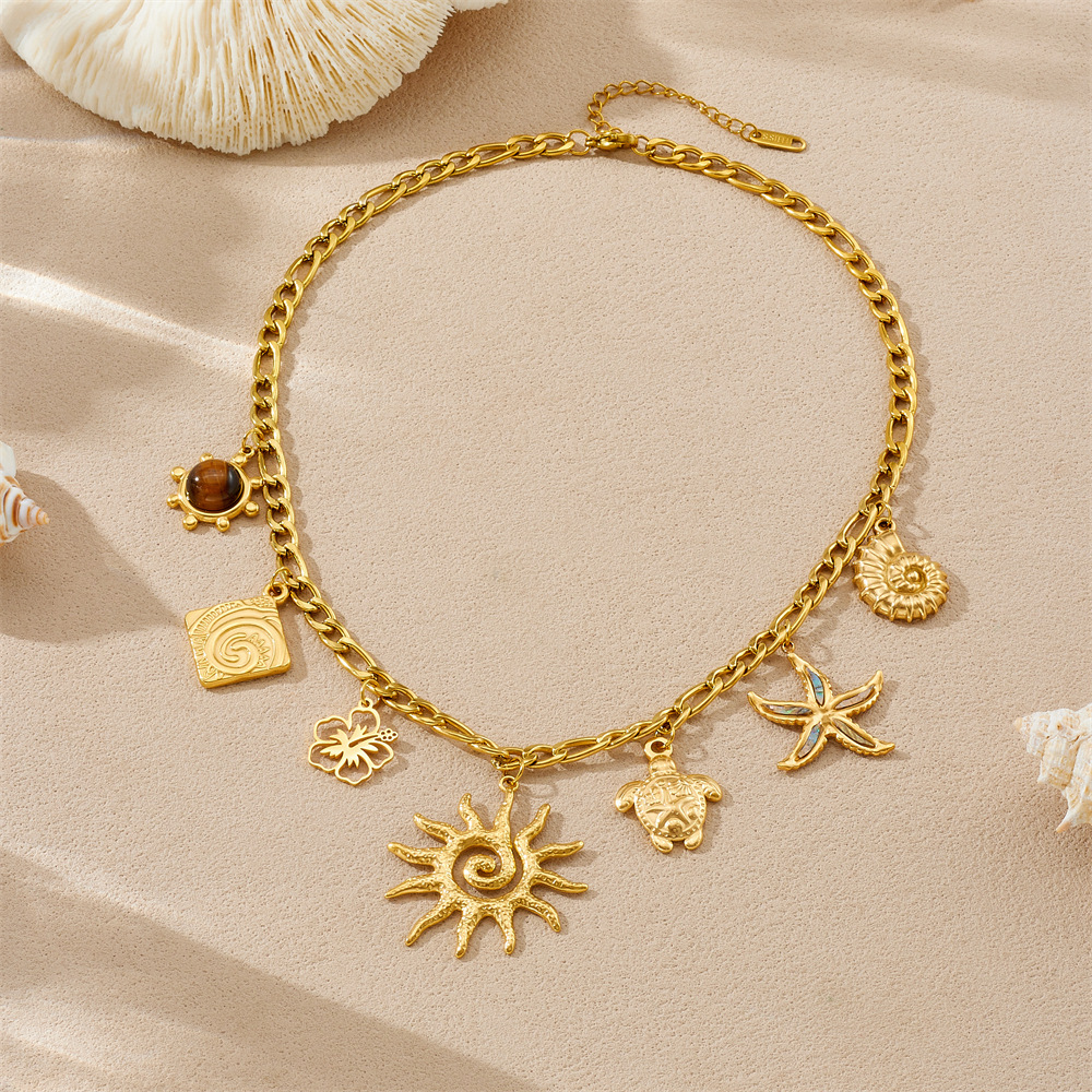 European and American chic style, high-end and luxurious tiger's eye stone sun and moon hollowed-out flower starfish turtle pendant necklace