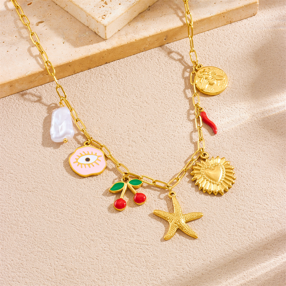 Fashionable and creative cartoon fruit cherry drip pendant heart eyes starfish stainless steel chain women's necklace