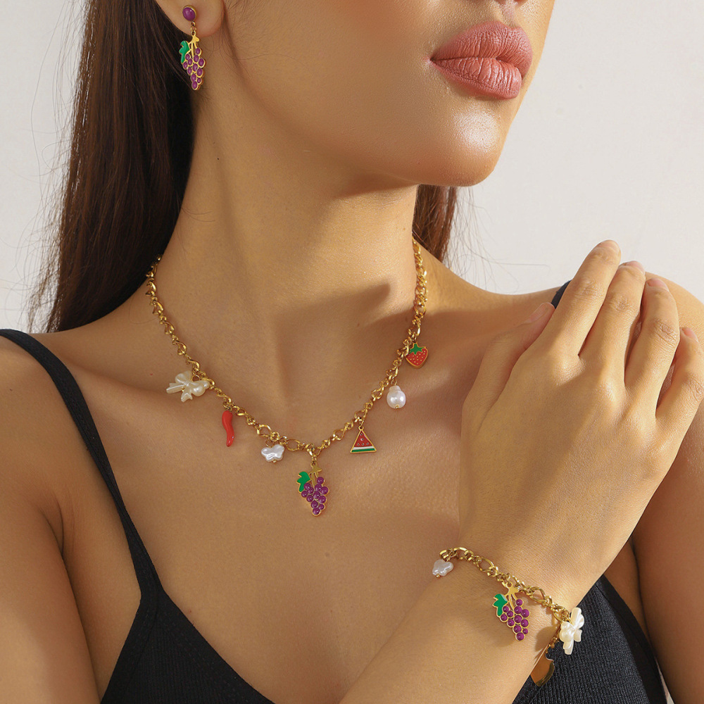 Cross-border fashion creative cartoon cute dripping fruit grape pineapple cherry bow seashell jewelry set