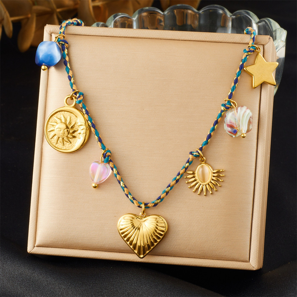 Cross-border fashion bohemian retro style colorful rope braided chain gold-plated stainless steel multi-element pendant set