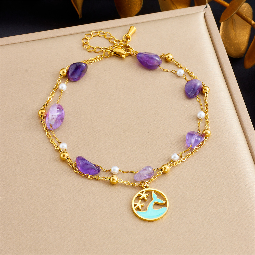 Cross-border fashion ocean style purple pebble beaded chain, double-layer stainless steel starfish dolphin fish tail anklet