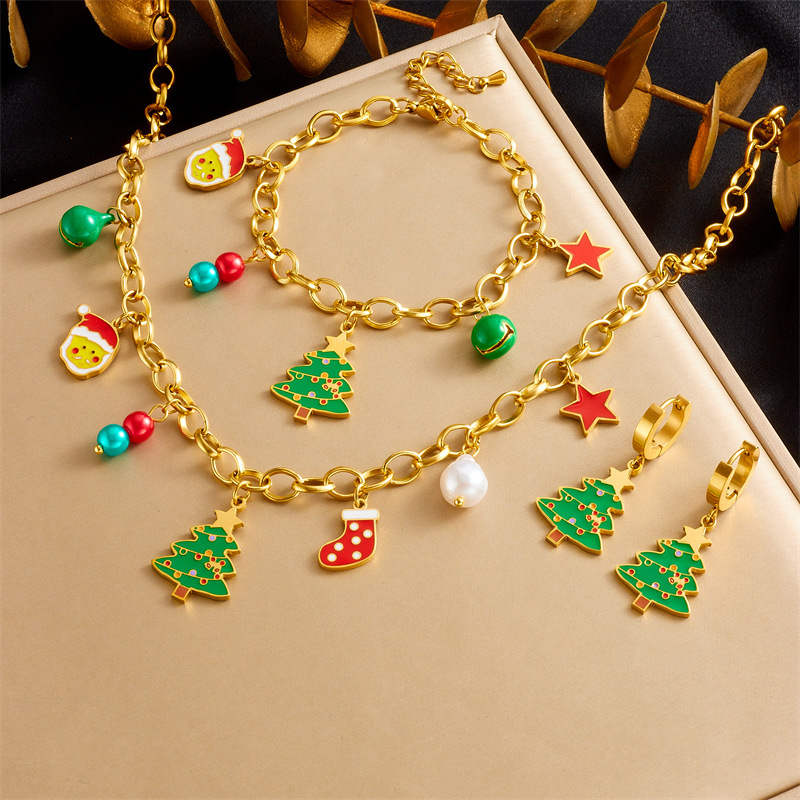 Fashionable cross-border cartoon Christmas style dripping Christmas tree stocking bell accessories stainless steel bracelet earrings necklace