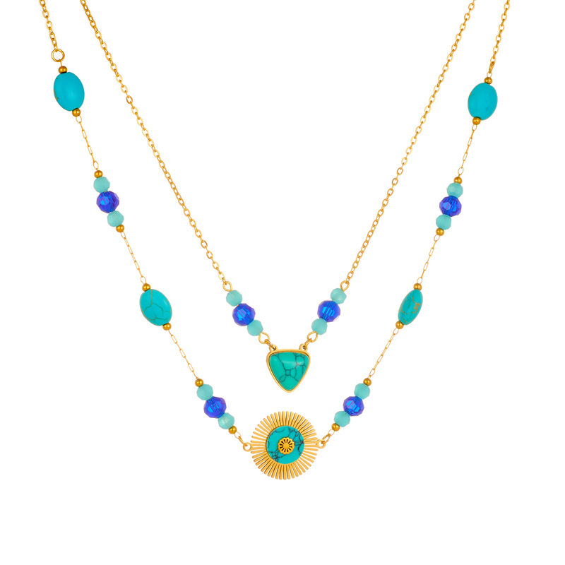 Cross-border fashion retro double-layered bohemian blue beaded turquoise accessories geometric pendant chain necklace